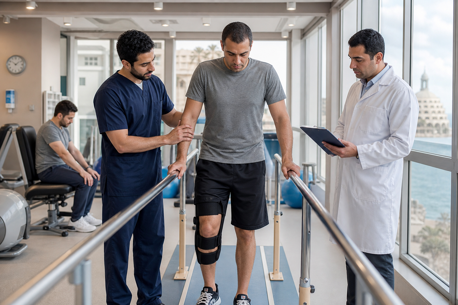 جلسة تأهيل ومتابعة للمشي بعد إصابة خلع مفصل الورك