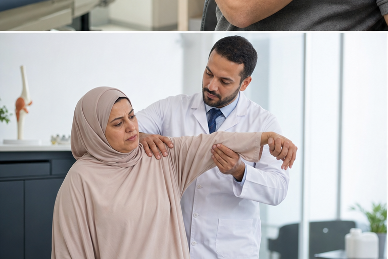 فحص مدى حركة الكتف عند مريضة تعاني من تيبس الكتف السكري