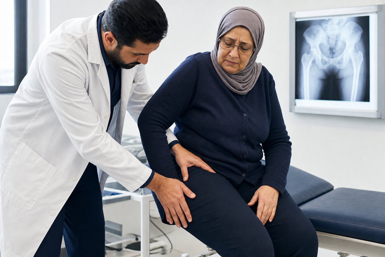فحص مريض كبير سن يشتكي من ألم الورك بعد السقوط داخل عيادة عظام حديثة